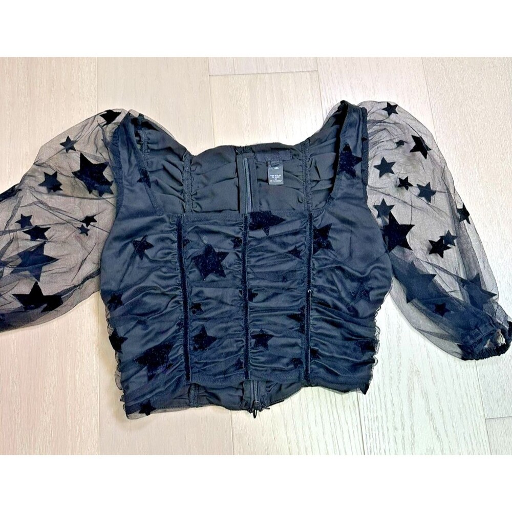 Witchy Corset Blouse Sheer Puff Sleeve Star Print Whimsigoth Renfaire Hours XS/S